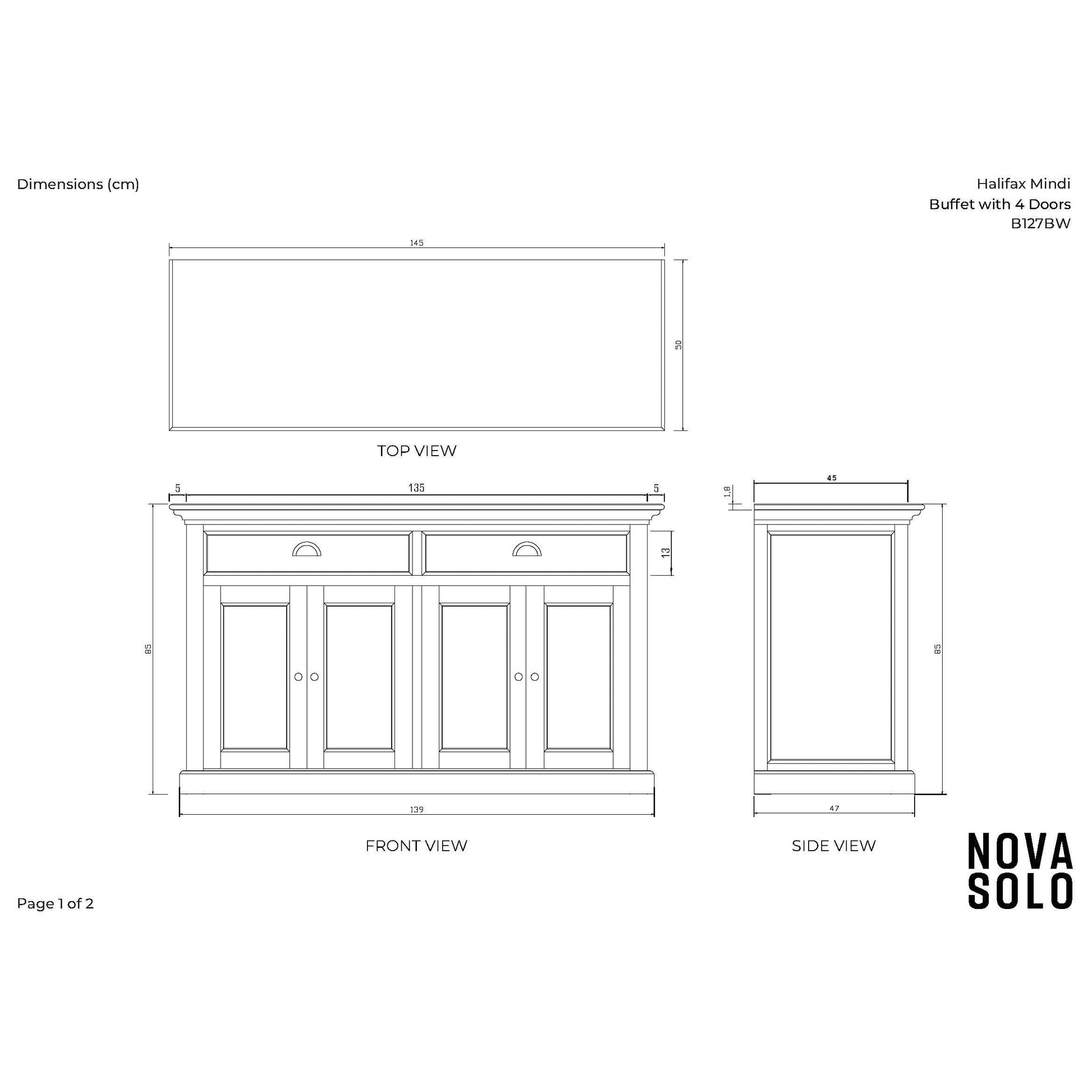 NovaSolo Halifax Mindi 57" Black Mindi Wood Buffet With 4 Doors & 2 Drawers