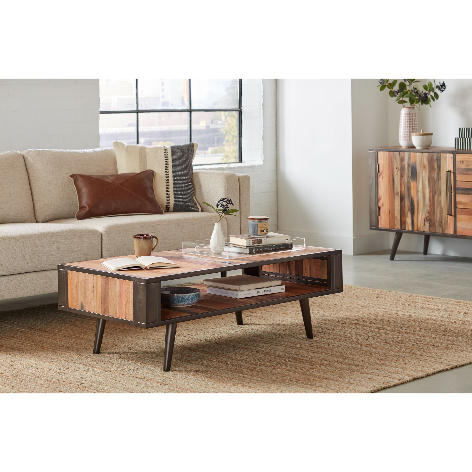 NovaSolo Nordic 47" Natural Boat Wood Coffee Table With 1 Open Shelving