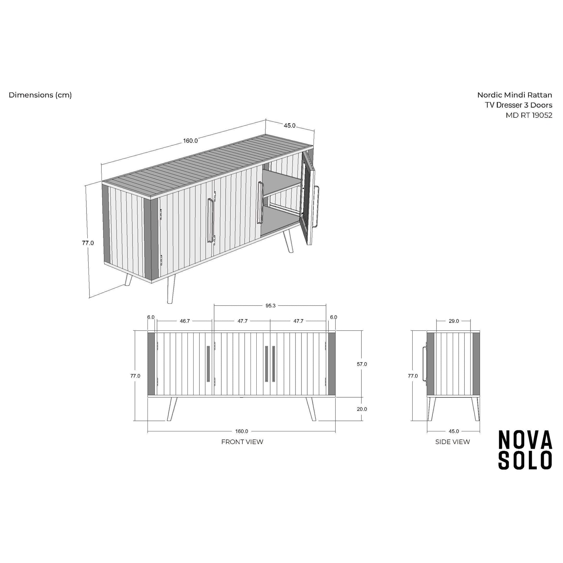 NovaSolo Nordic 63" Black Mindi Wood Buffet With 3 Doors & Rattan Accents