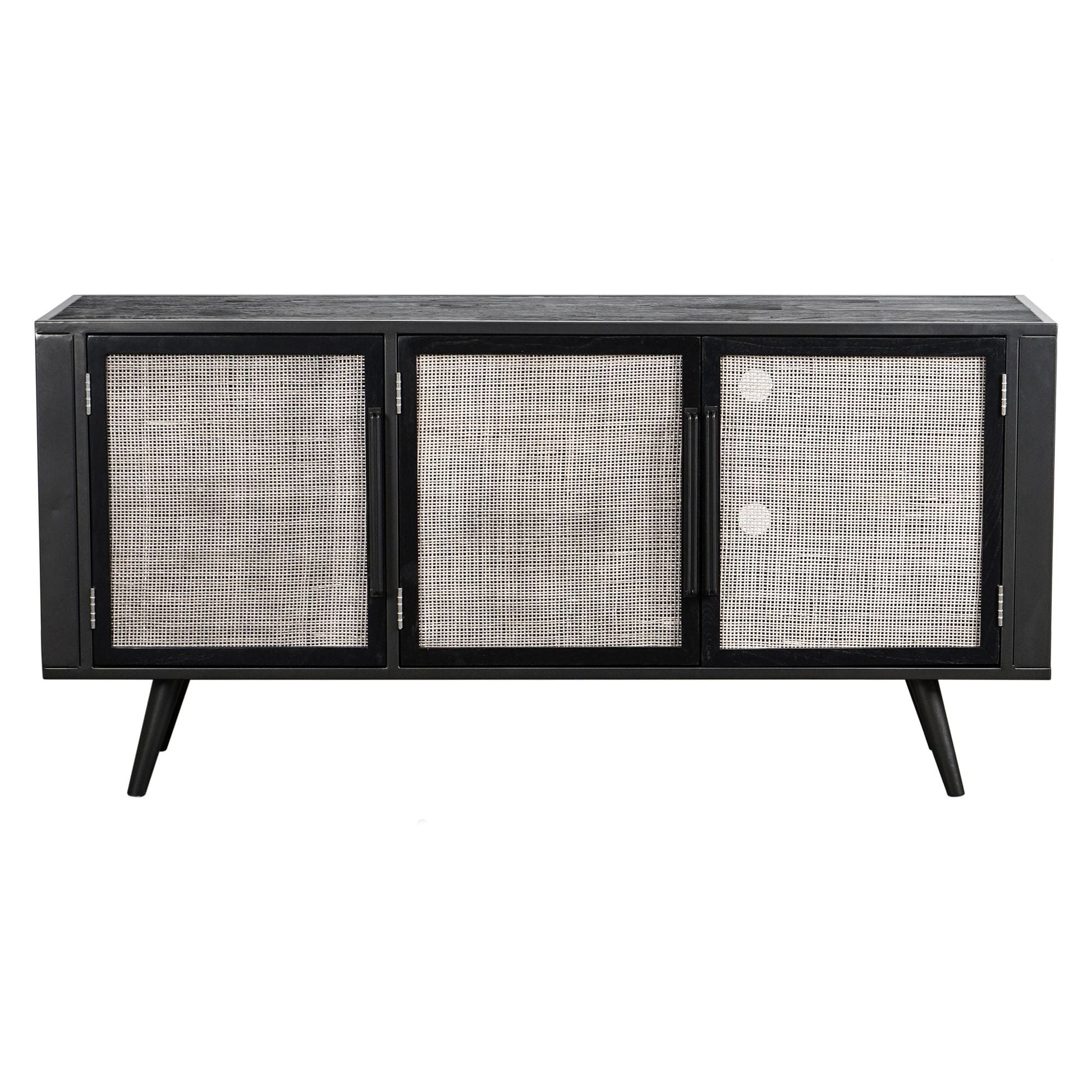 NovaSolo Nordic 63" Black Mindi Wood Buffet With 3 Doors & Rattan Accents