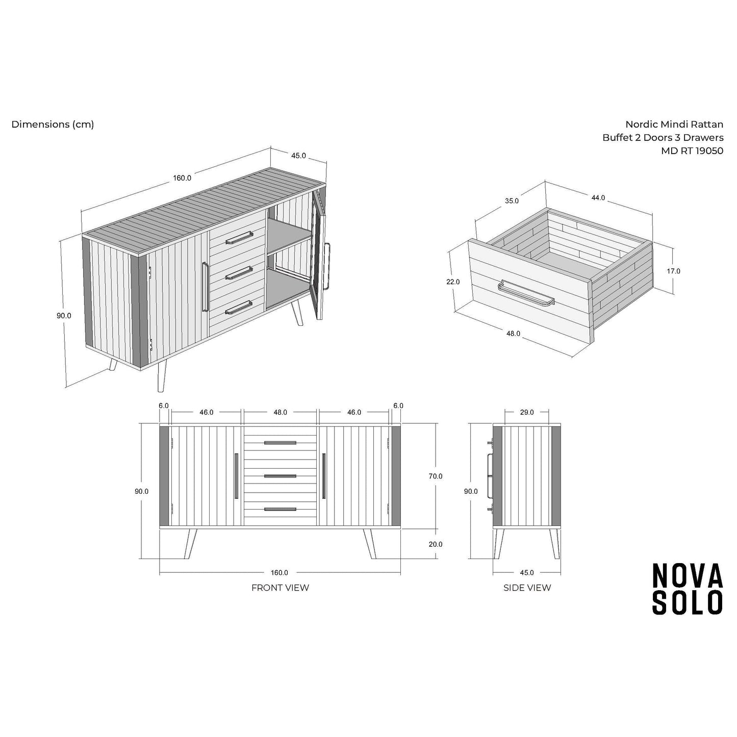 NovaSolo Nordic 63" Black Mindi Wood Buffet With Rattan Accents