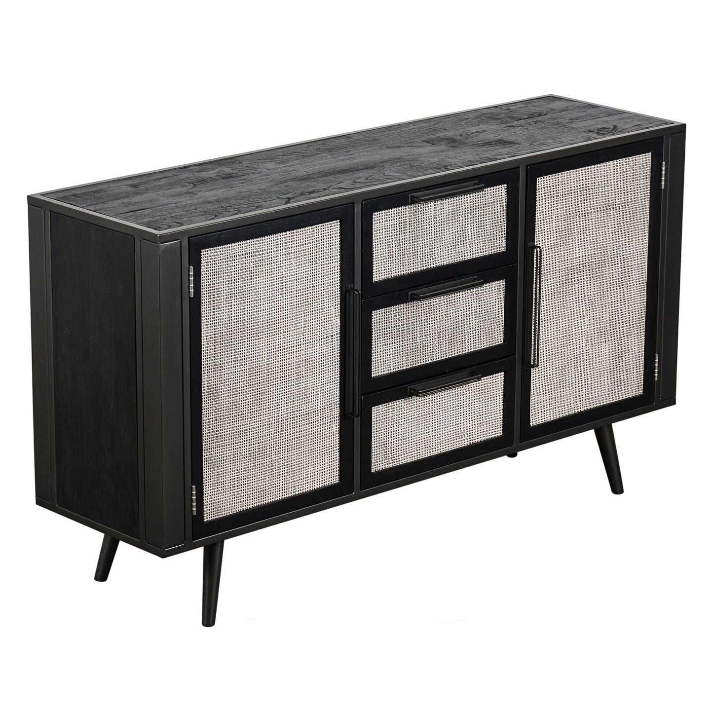 NovaSolo Nordic 63" Black Mindi Wood Buffet With Rattan Accents