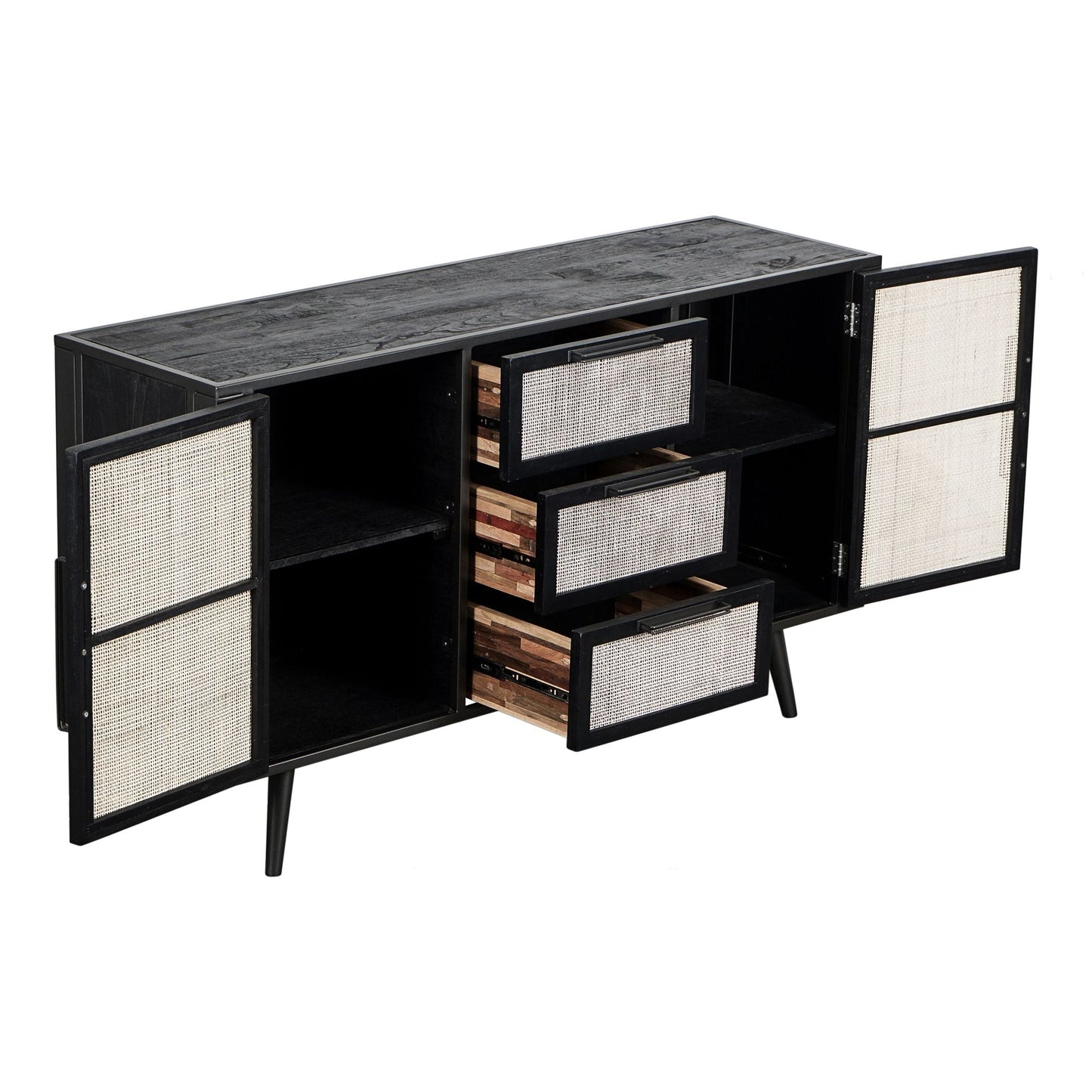 NovaSolo Nordic 63" Black Mindi Wood Buffet With Rattan Accents