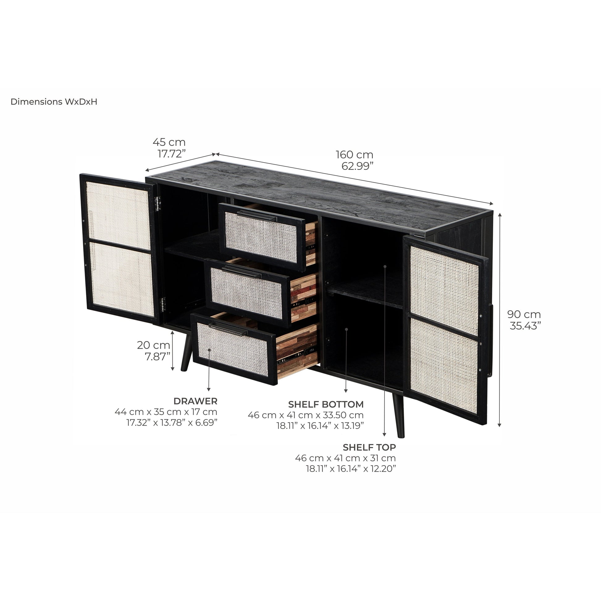 NovaSolo Nordic 63" Black Mindi Wood Buffet With Rattan Accents