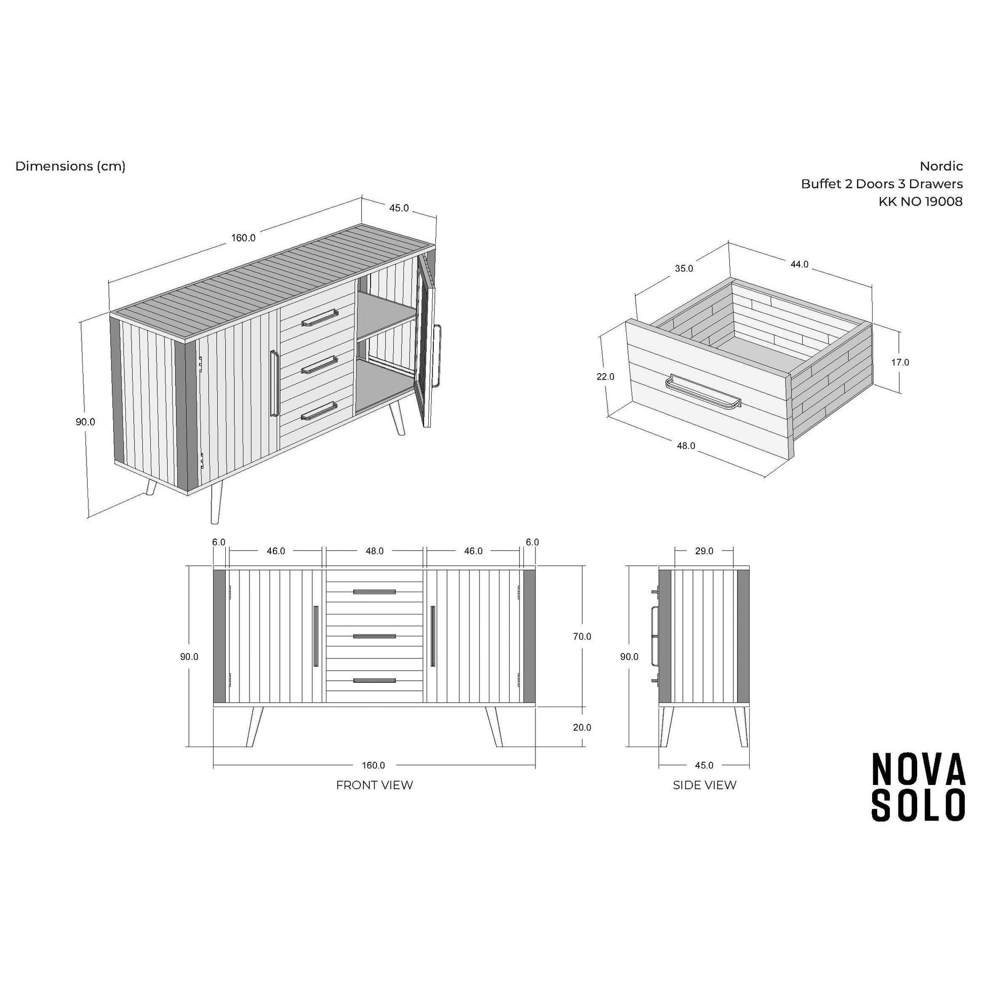 NovaSolo Nordic 63" Natural Boat Wood Buffet With 2 Doors & 3 Drawers