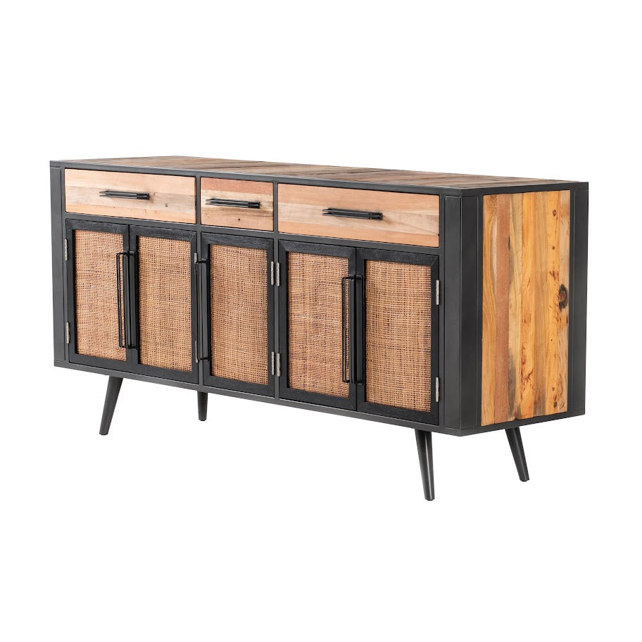 NovaSolo Nordic 71" Natural Boat Wood Buffet With 5 Doors & Rattan Accents