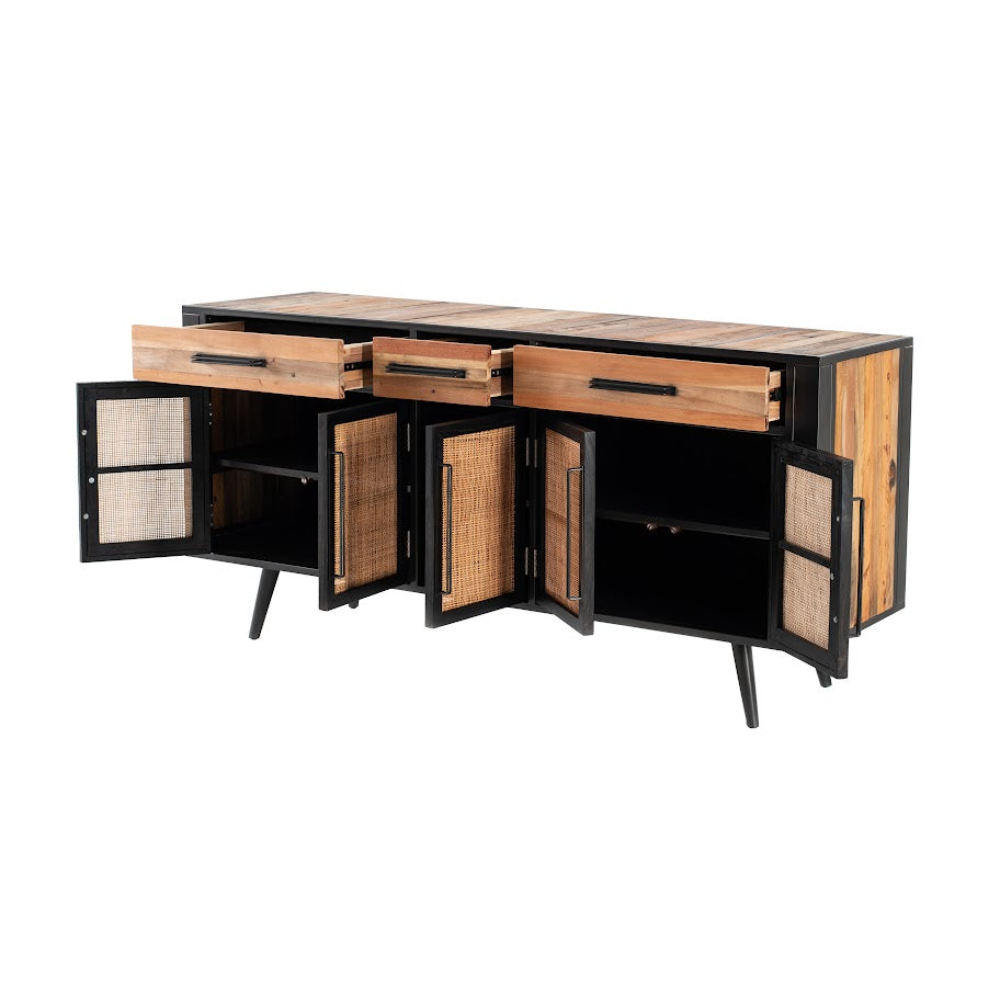 NovaSolo Nordic 71" Natural Boat Wood Buffet With 5 Doors & Rattan Accents