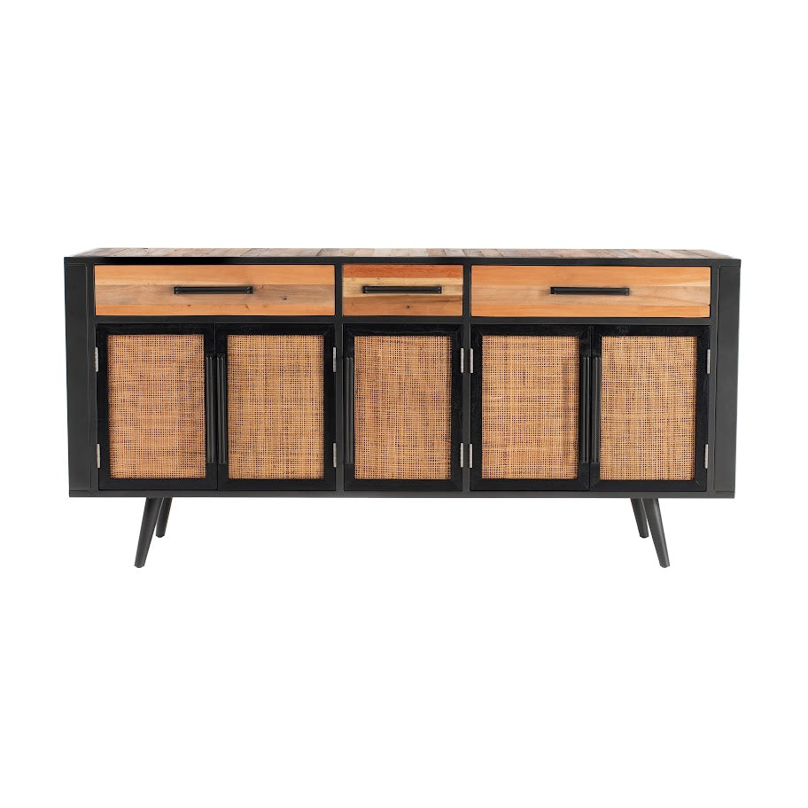 NovaSolo Nordic 71" Natural Boat Wood Buffet With 5 Doors & Rattan Accents