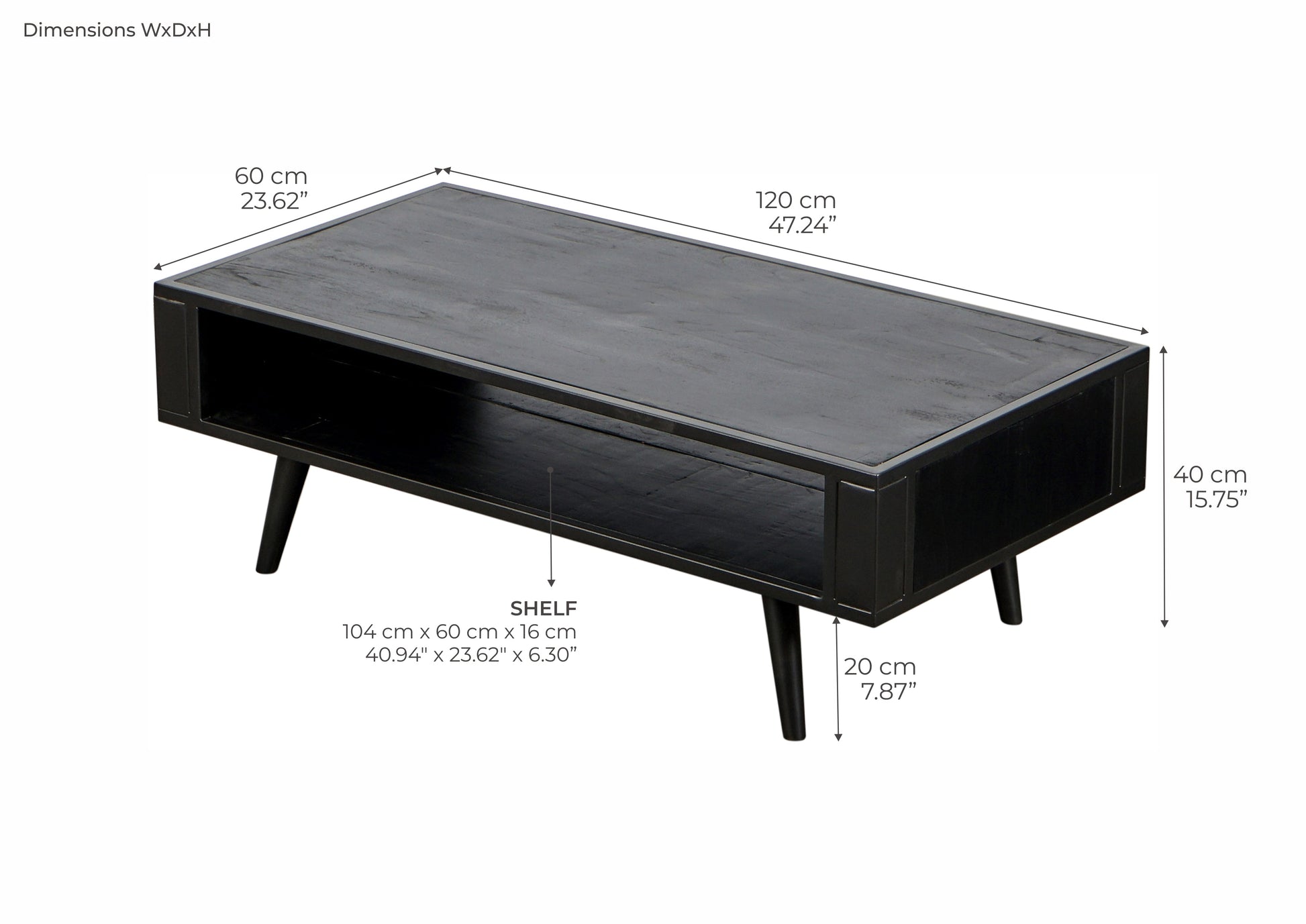 NovaSolo Nordic Mindi Rattan 47" Black Mindi Wood Coffee Table With 1 Open Shelving