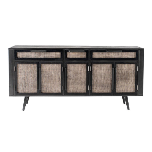 NovaSolo Nordic Mindi Rattan 71" Black Buffet With 5 Doors & 3 Drawers