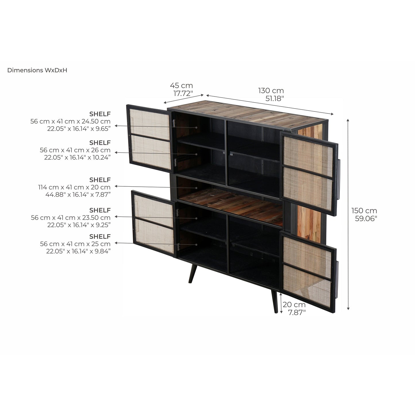 NovaSolo Nordic Rattan 51" Natural Boat Wood Buffet With 4 Doors & Rattan Accents