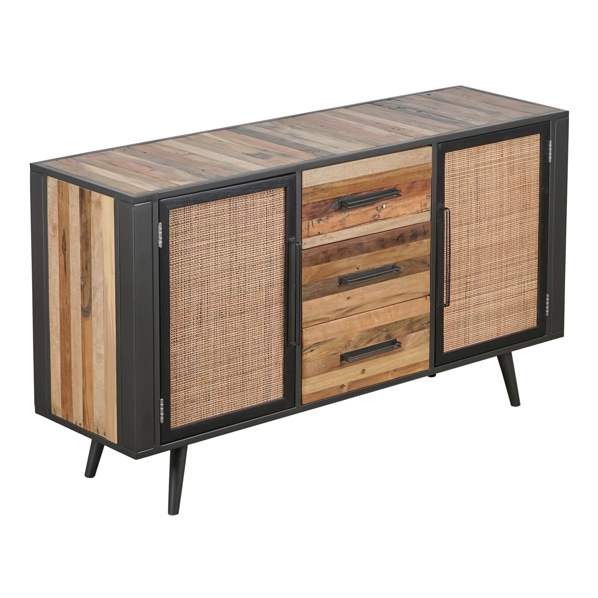 NovaSolo Nordic Rattan 63" Natural Boat Wood Buffet With 2 Doors & Rattan Accents