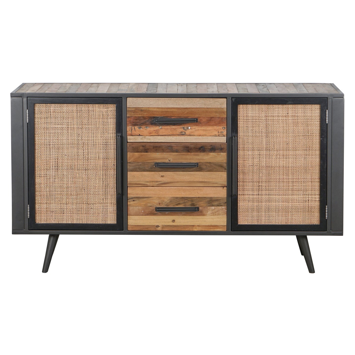 NovaSolo Nordic Rattan 63" Natural Boat Wood Buffet With 2 Doors & Rattan Accents