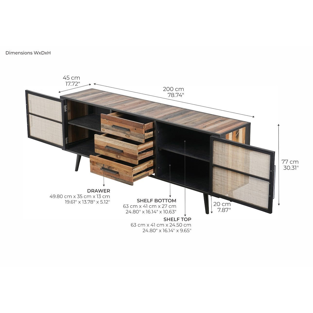 NovaSolo Nordic Rattan 79" Natural Boat Wood Buffet With 2 Doors & Rattan Accents