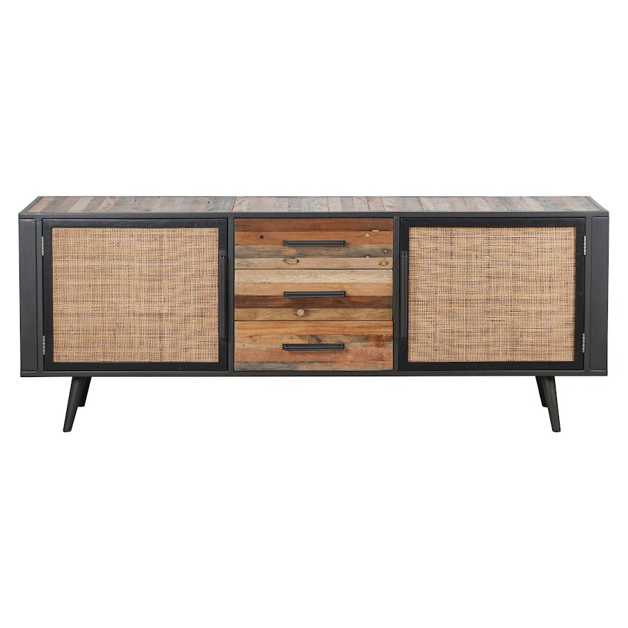 NovaSolo Nordic Rattan 79" Natural Boat Wood Buffet With 2 Doors & Rattan Accents