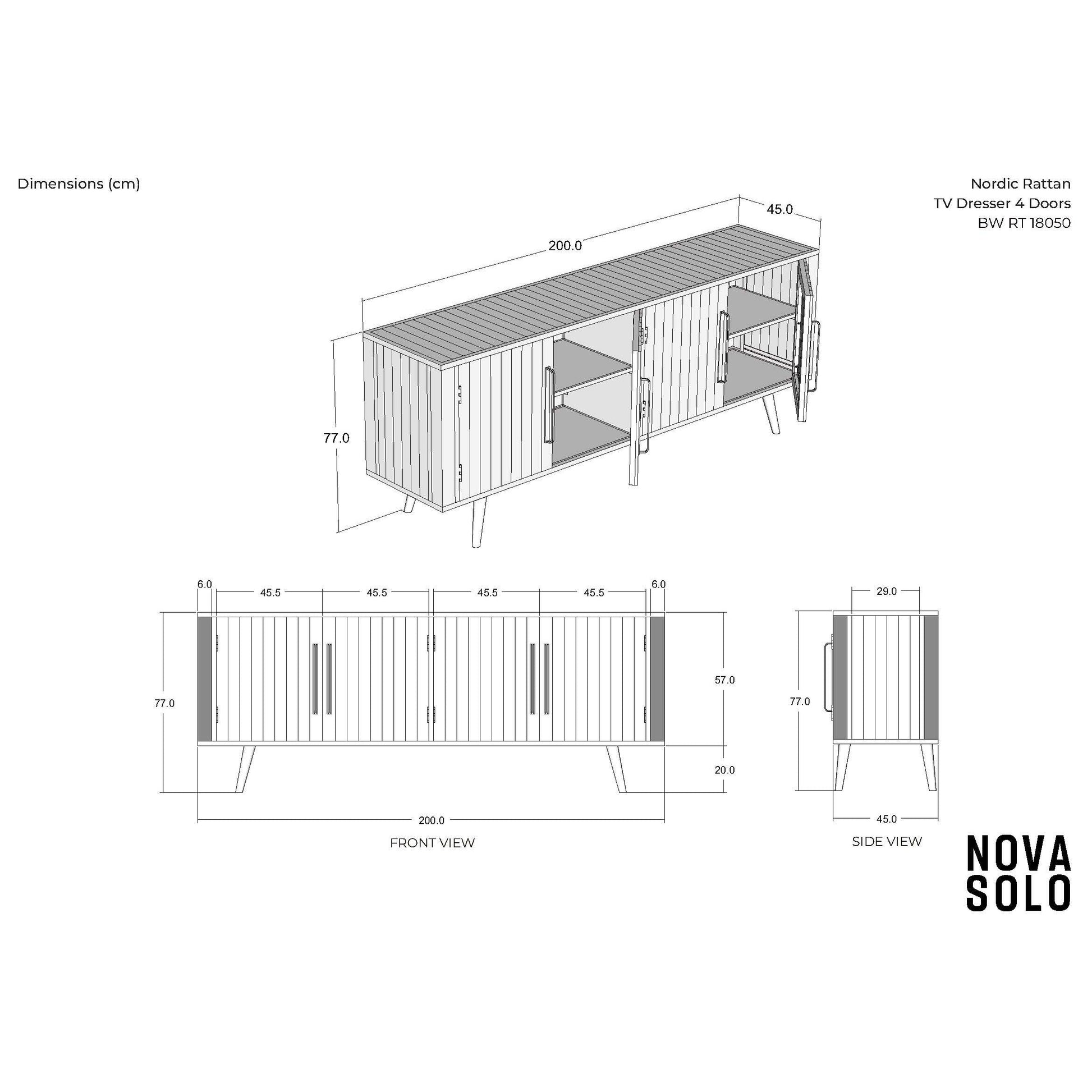 NovaSolo Nordic Rattan 79" Natural Boat Wood Buffet With 4 Doors & Rattan Accents