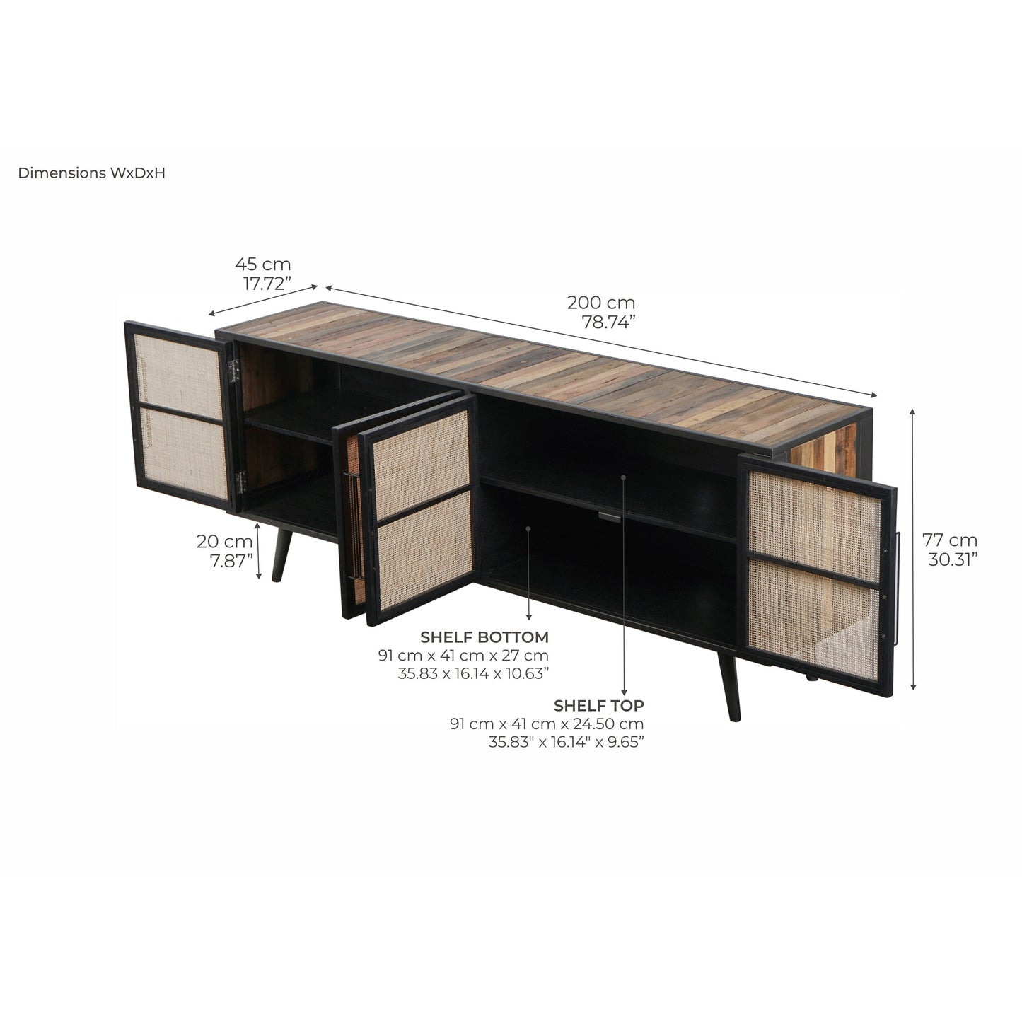 NovaSolo Nordic Rattan 79" Natural Boat Wood Buffet With 4 Doors & Rattan Accents