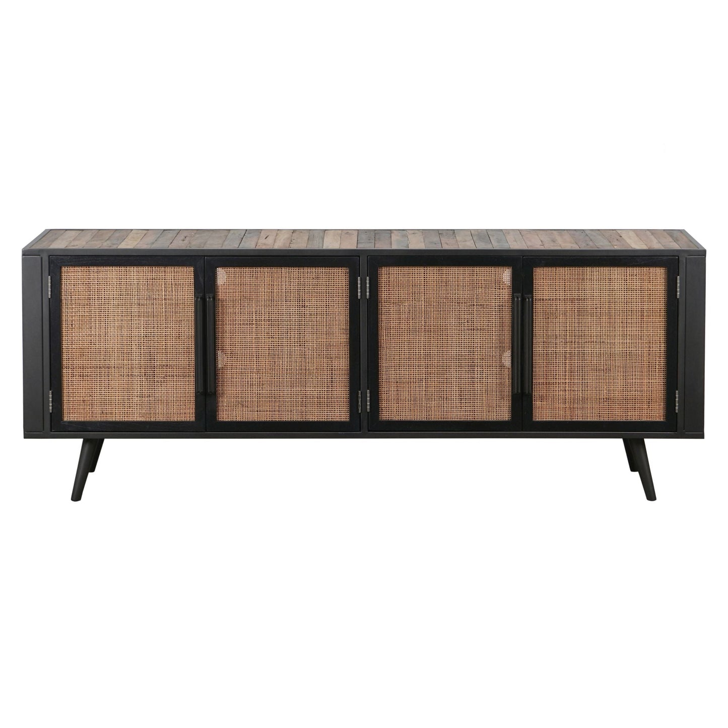 NovaSolo Nordic Rattan 79" Natural Boat Wood Buffet With 4 Doors & Rattan Accents