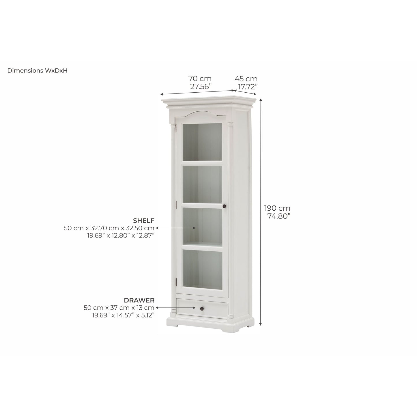 NovaSolo Provence 28" Classic White Mahogany Display Cabinet With 1 Glass Door & 1 Drawer