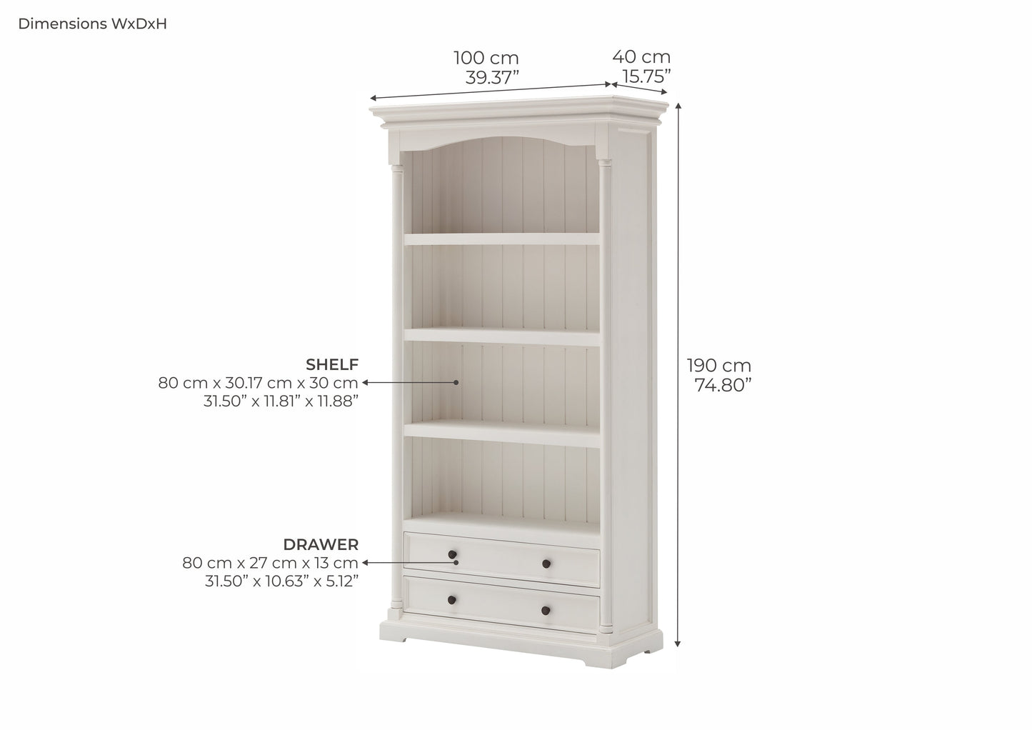 NovaSolo Provence 39" Classic White Mahogany Display Cabinet With 2 Drawers & 4 Shelves