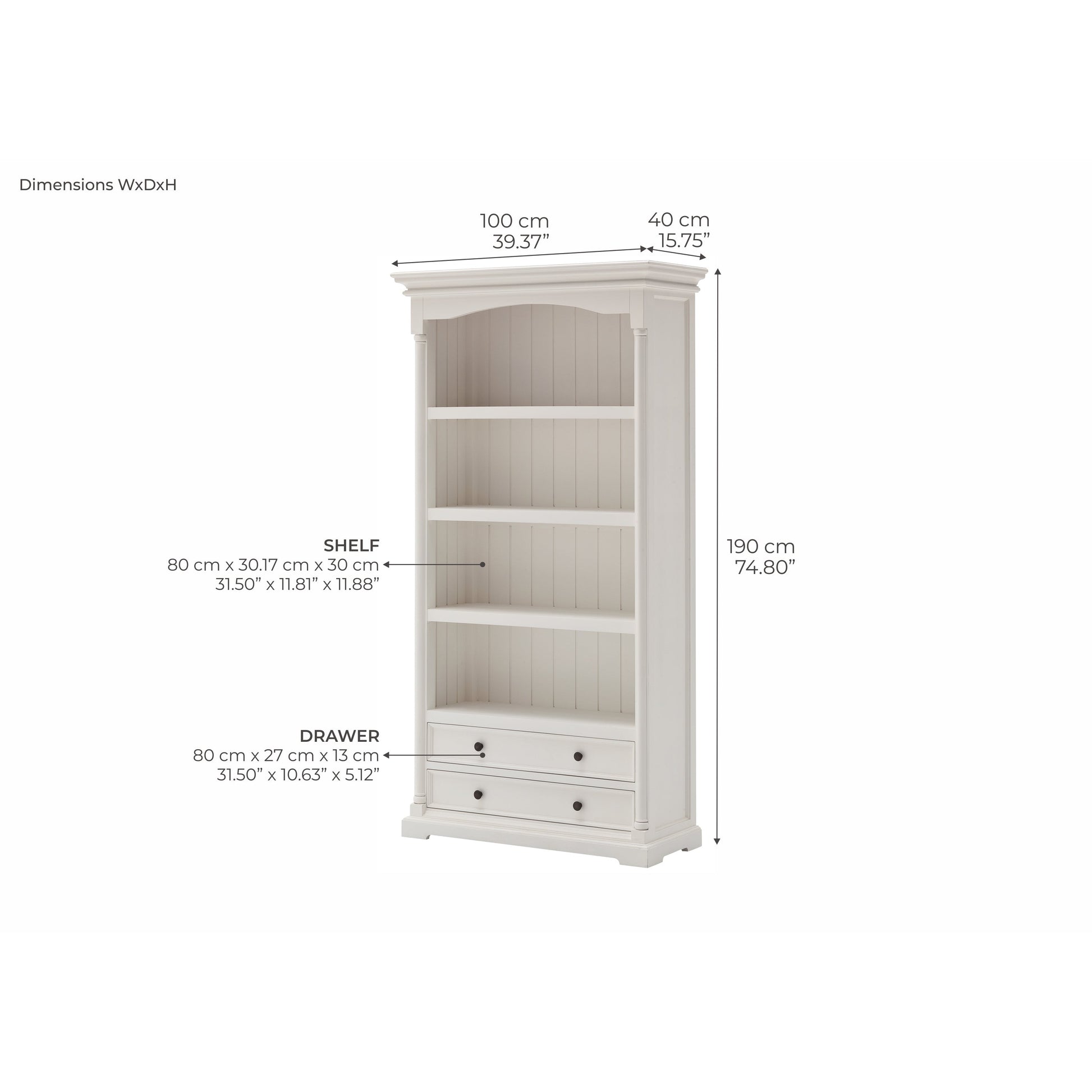 NovaSolo Provence 39" Classic White Mahogany Display Cabinet With 2 Drawers & 4 Shelves