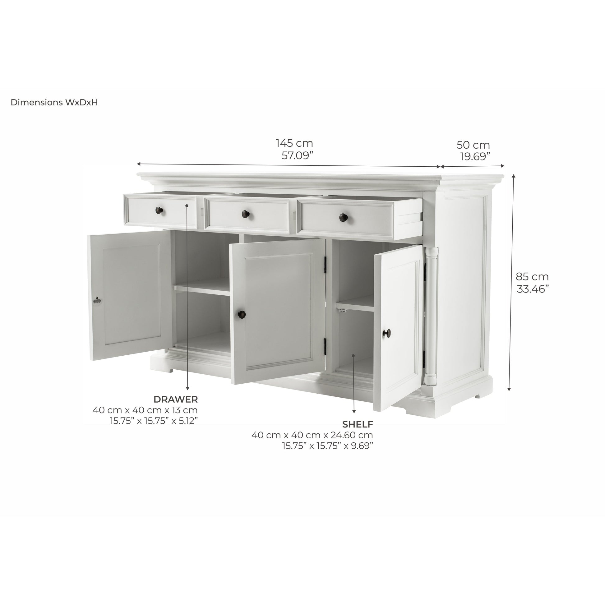 NovaSolo Provence 57" Classic White Mahogany Buffet With 3 Doors & 3 Drawers