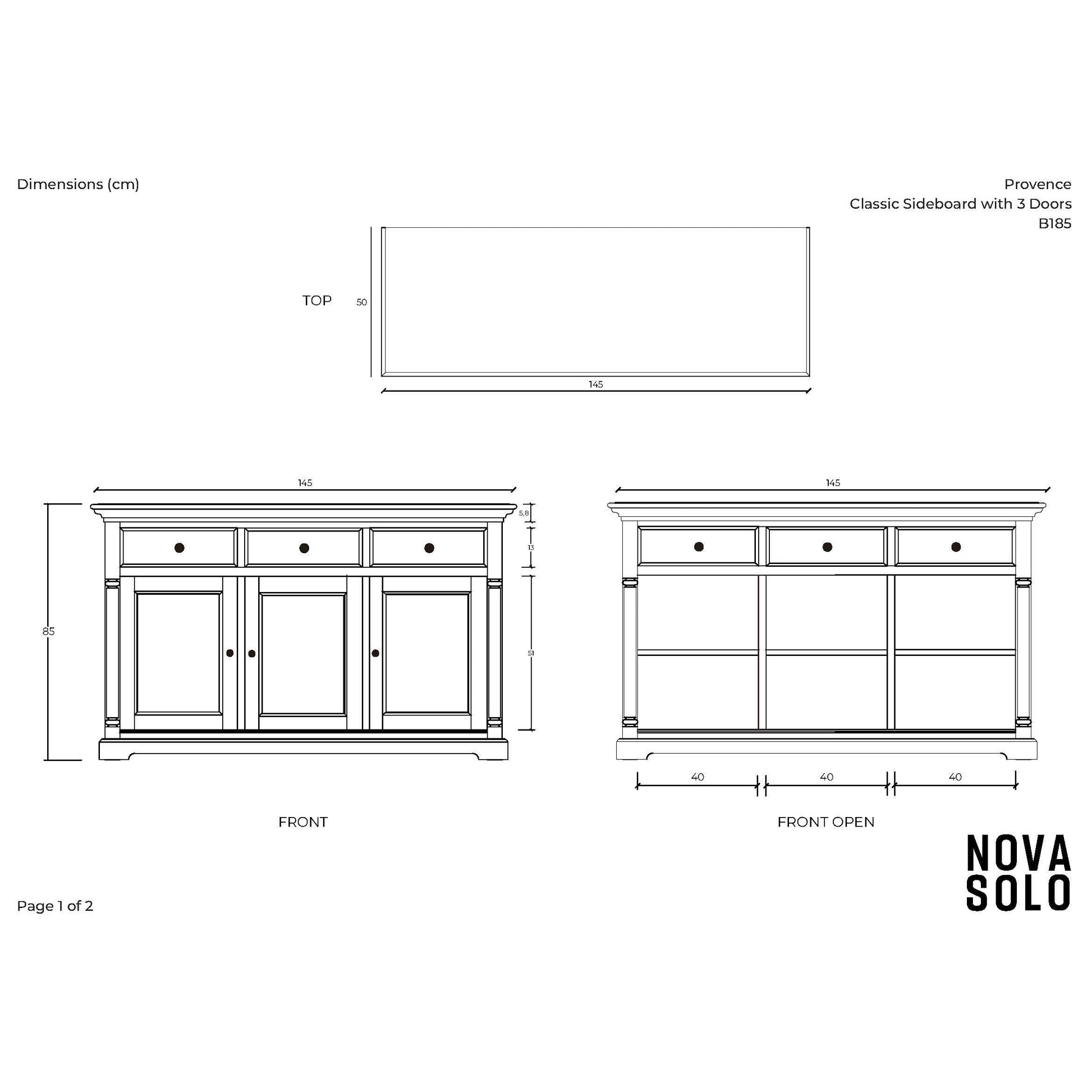 NovaSolo Provence 57" Classic White Mahogany Buffet With 3 Doors & 3 Drawers