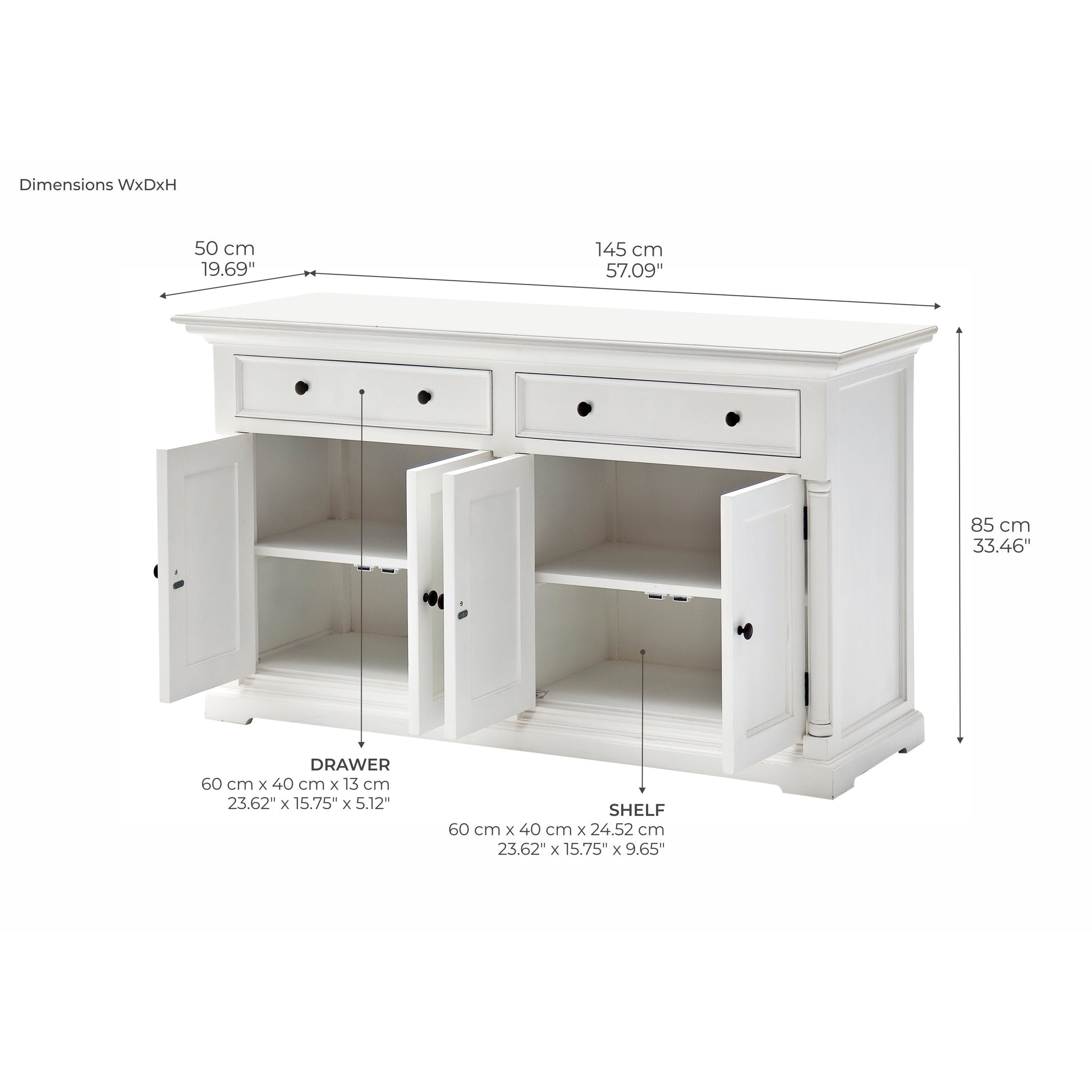 NovaSolo Provence 57" Classic White Mahogany Buffet With 4 Doors & 2 Drawers