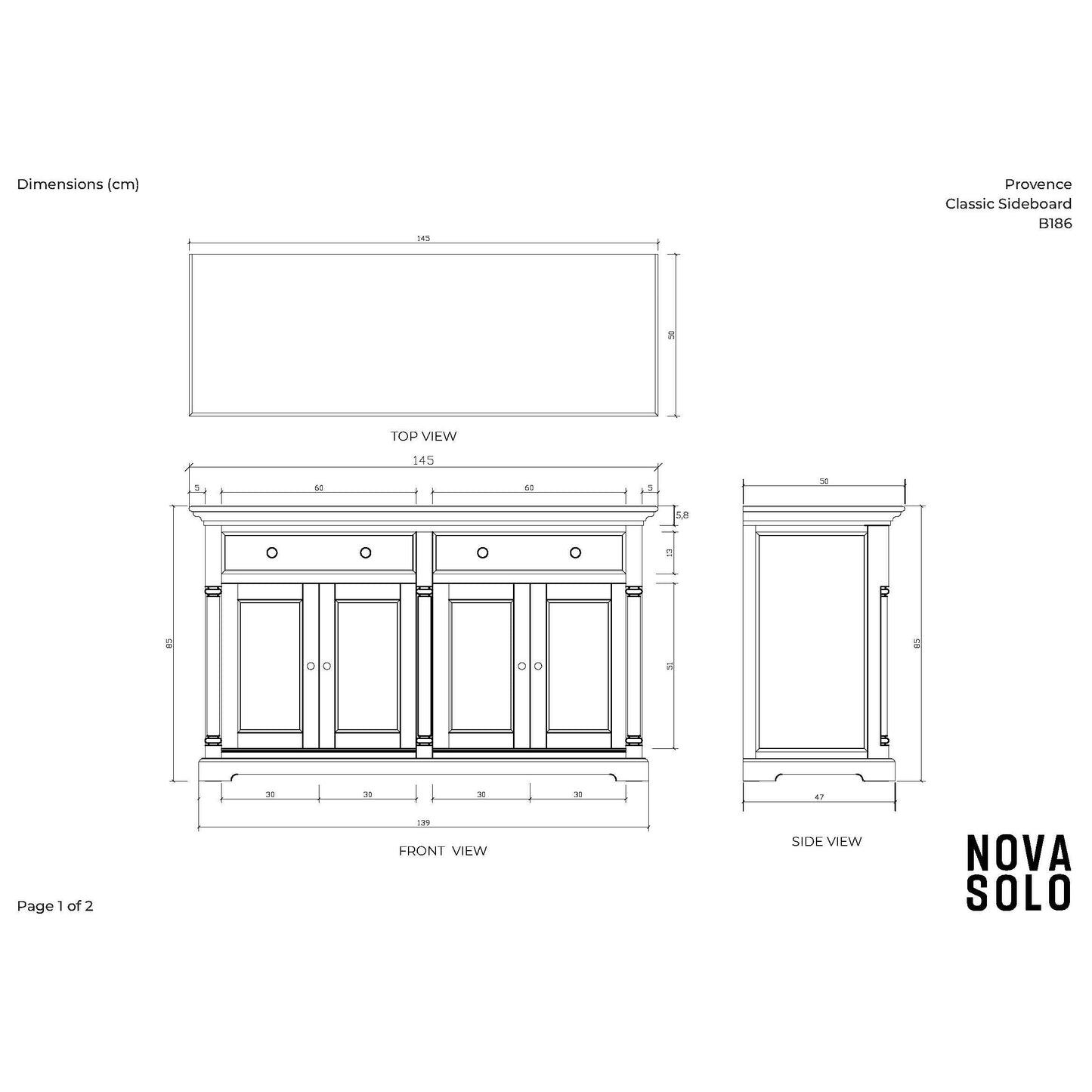 NovaSolo Provence 57" Classic White Mahogany Buffet With 4 Doors & 2 Drawers