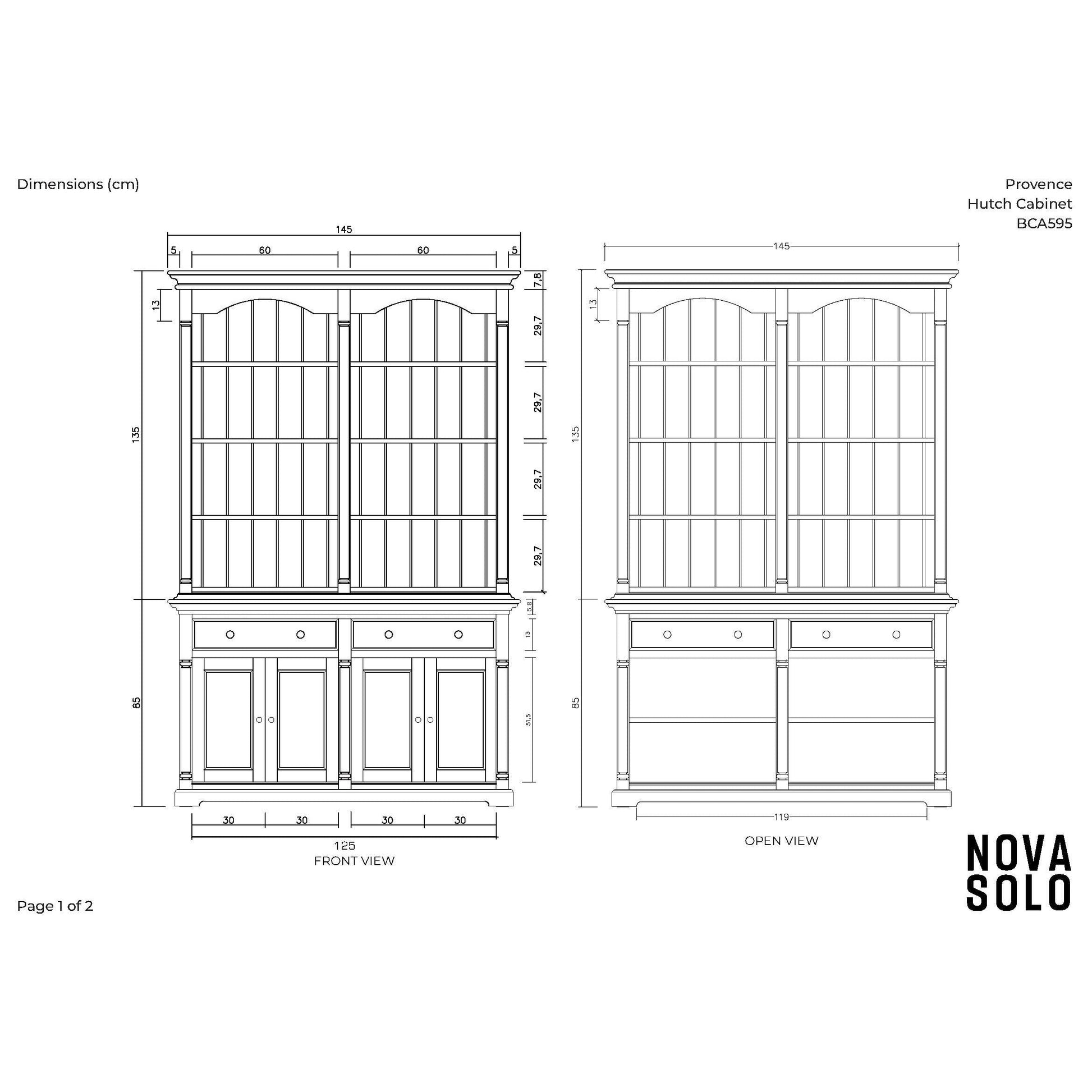 NovaSolo Provence 57" Classic White Mahogany Hutch Cabinet With 4 Doors & 2 Drawers