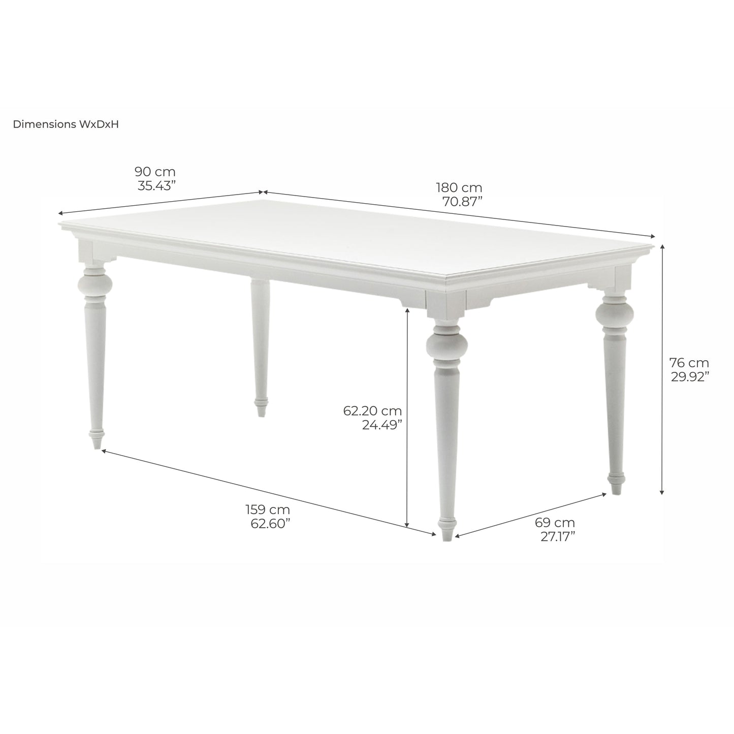 NovaSolo Provence 71" x 35" Classic White Mahogany Medium Dining Table