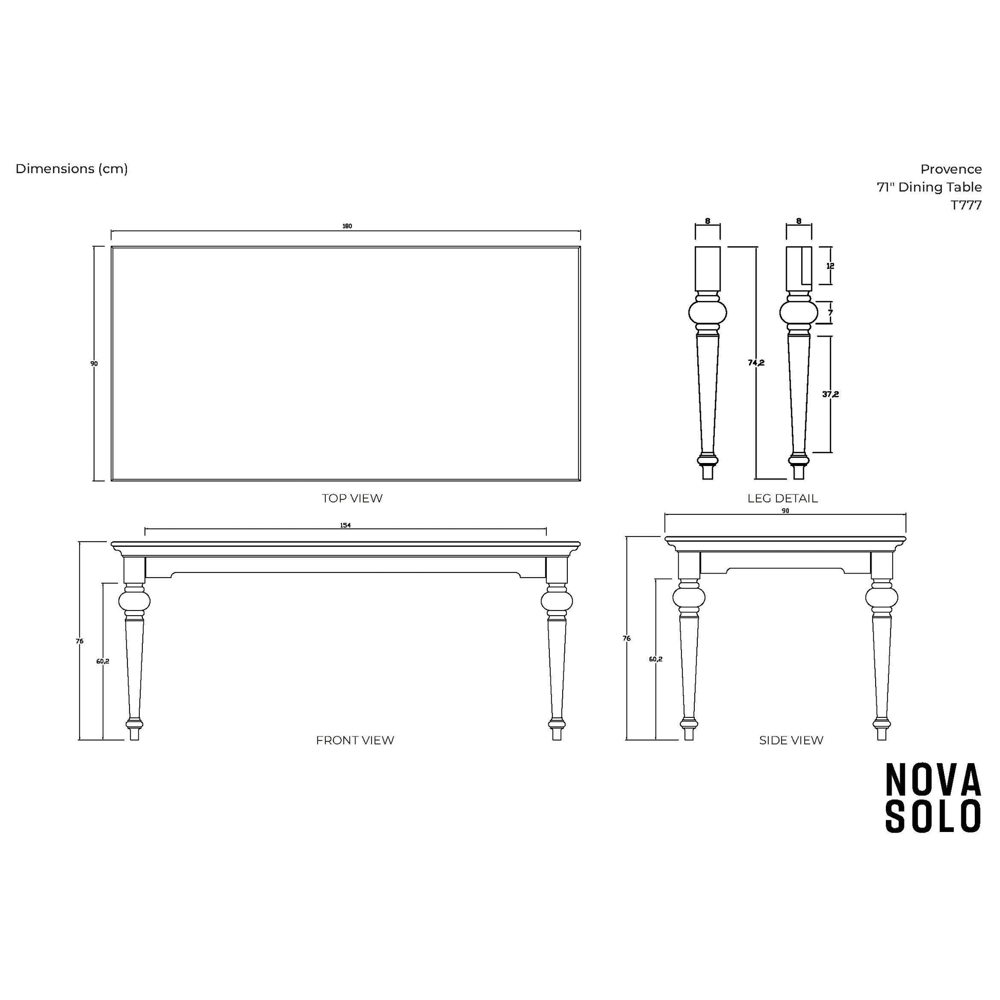 NovaSolo Provence 71" x 35" Classic White Mahogany Medium Dining Table