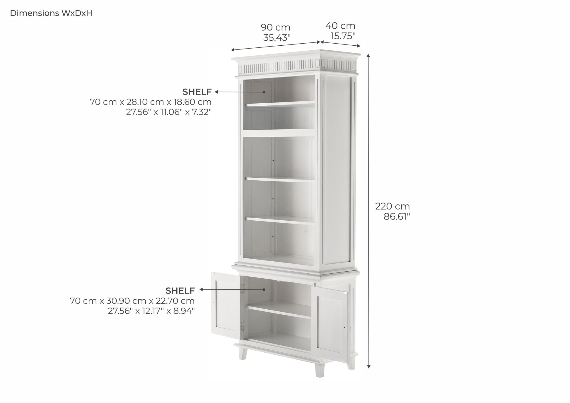 NovaSolo Skansen 35" Classic White Mahogany Single-Bay Hutch Cabinet With 2 Doors & 5 External Shelves