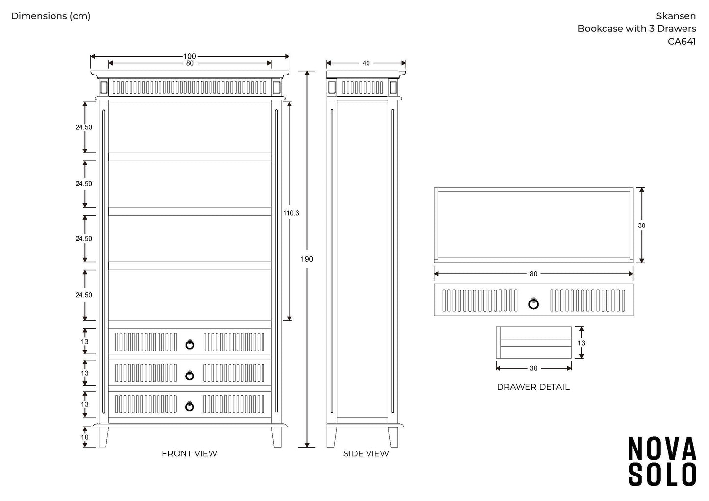 NovaSolo Skansen 39" Classic White Mahogany Cabinet With 3 Drawers & 4 External Shelves