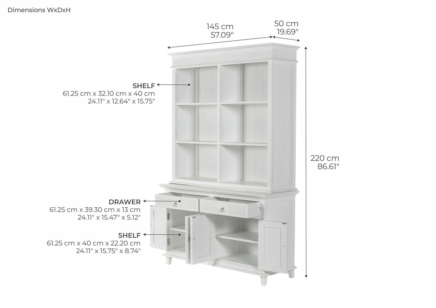 NovaSolo Skansen 57" Classic White Mahogany Hutch Cabinet With 4 Doors & 2 Drawers