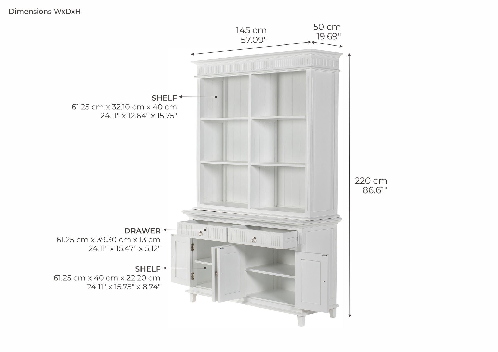 NovaSolo Skansen 57" Classic White Mahogany Hutch Cabinet With 4 Doors & 2 Drawers