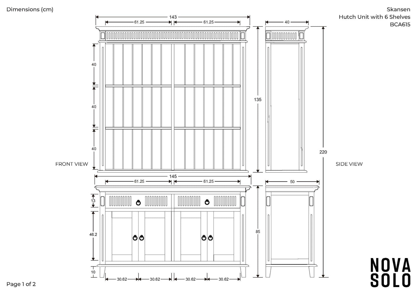 NovaSolo Skansen 57" Classic White Mahogany Hutch Cabinet With 4 Doors & 2 Drawers