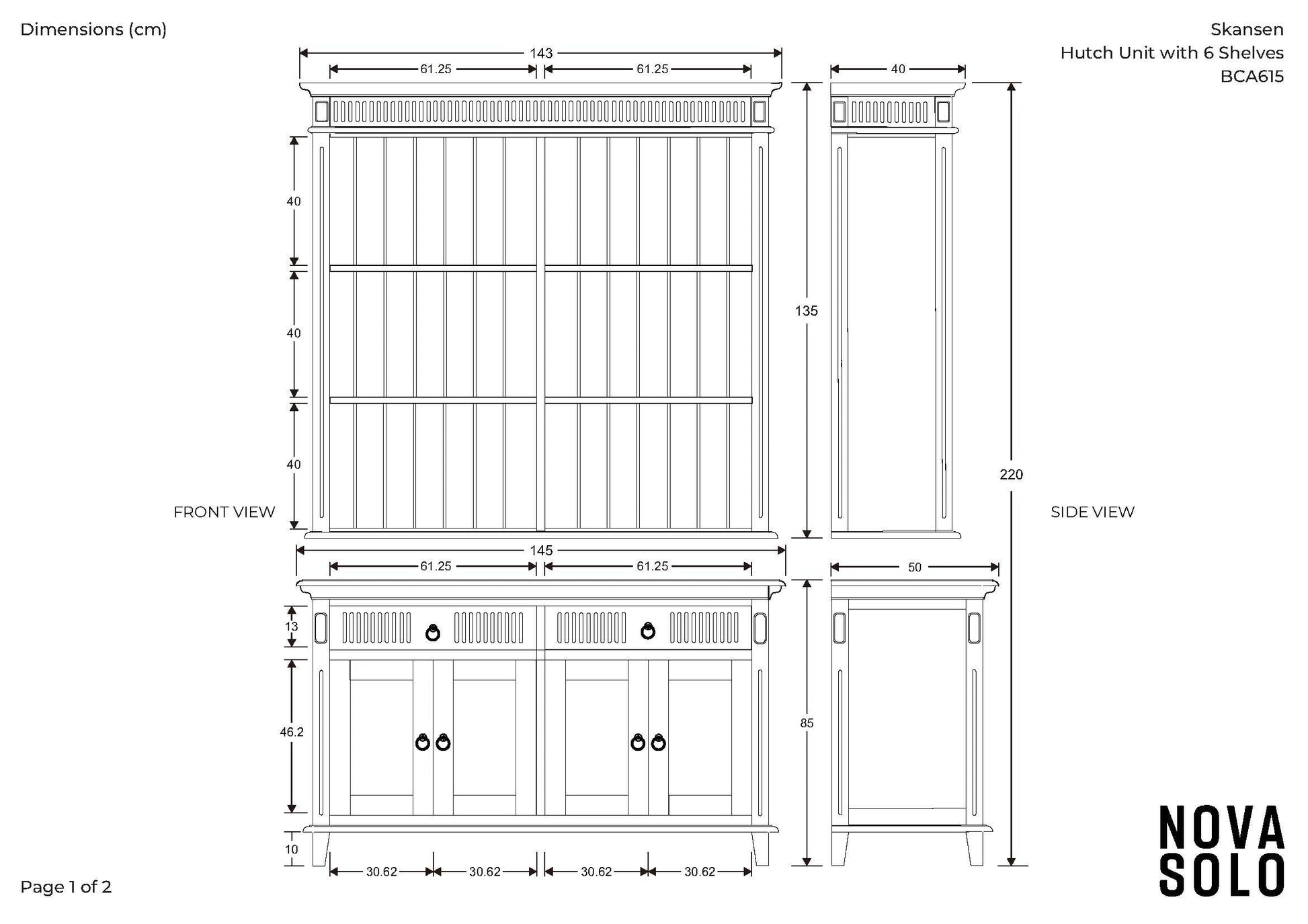 NovaSolo Skansen 57" Classic White Mahogany Hutch Cabinet With 4 Doors & 2 Drawers