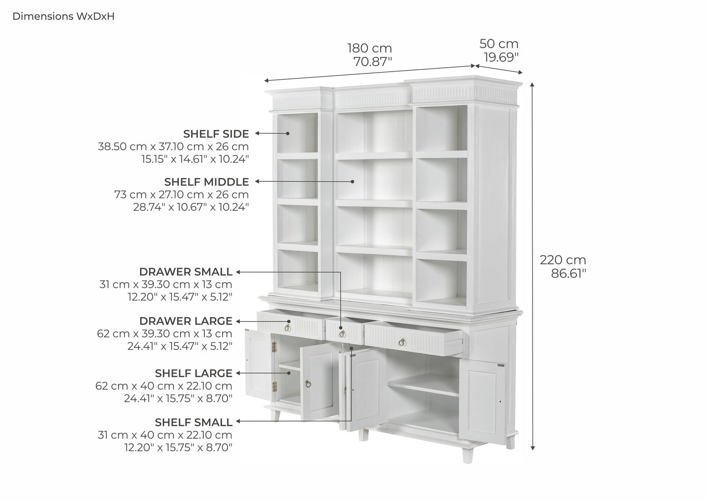 NovaSolo Skansen 71" Classic White Mahogany Kitchen Hutch Cabinet With 5 Doors & 3 Drawers