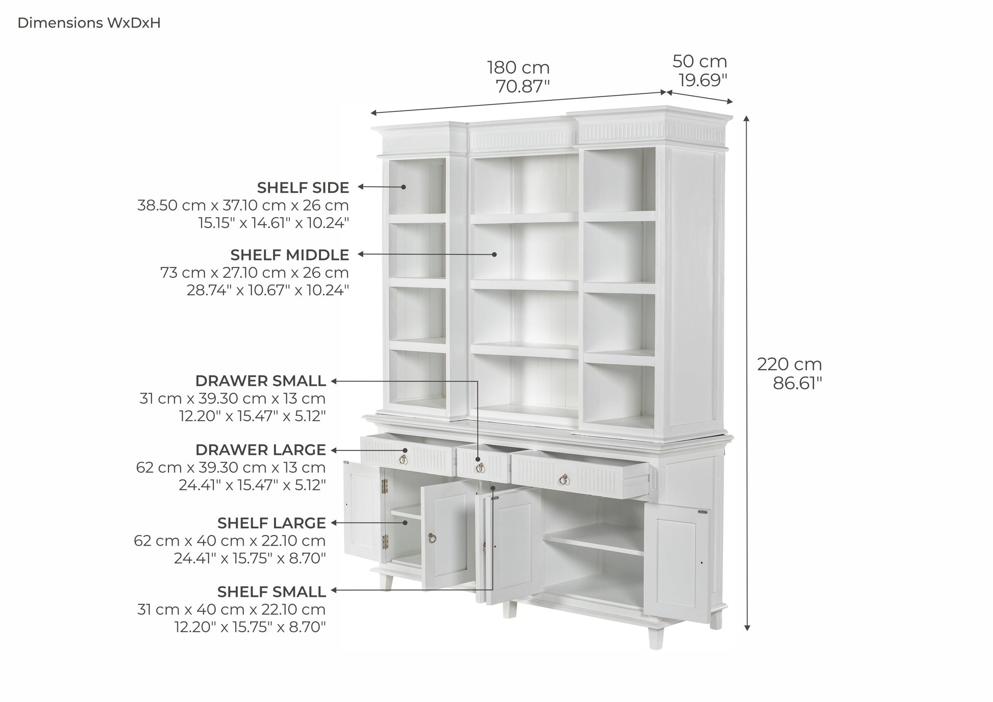 NovaSolo Skansen 71" Classic White Mahogany Kitchen Hutch Cabinet With 5 Doors & 3 Drawers