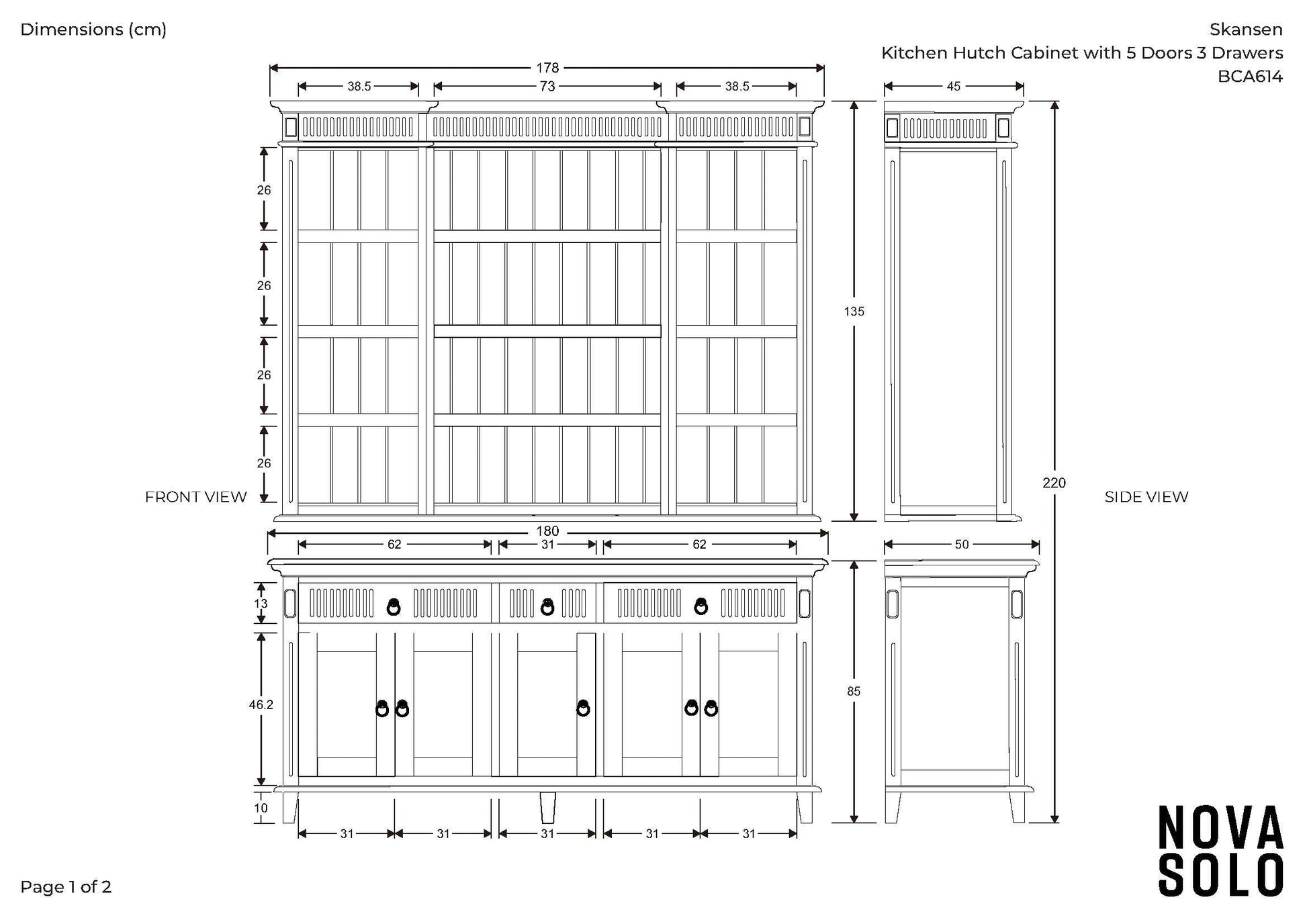 NovaSolo Skansen 71" Classic White Mahogany Kitchen Hutch Cabinet With 5 Doors & 3 Drawers