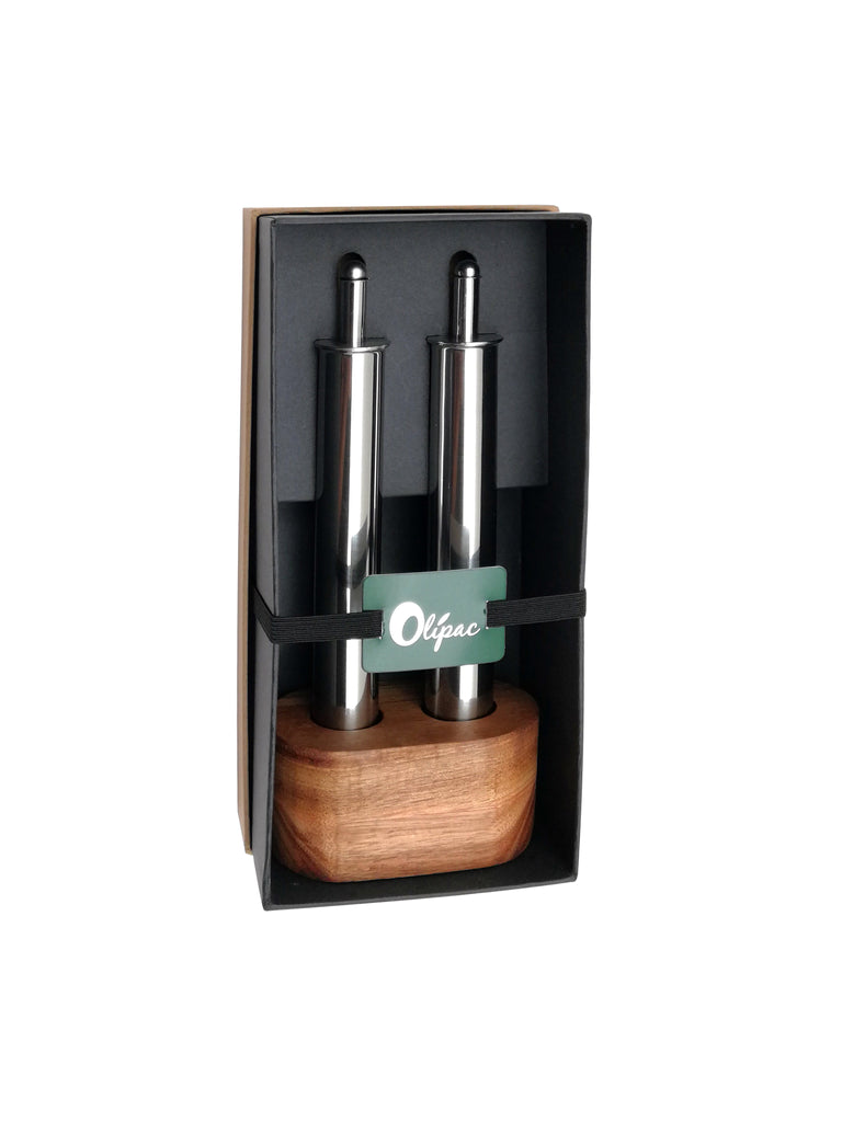 Olipac Stainless Steel Filare Oil and Vinegar Set With Wooden Base