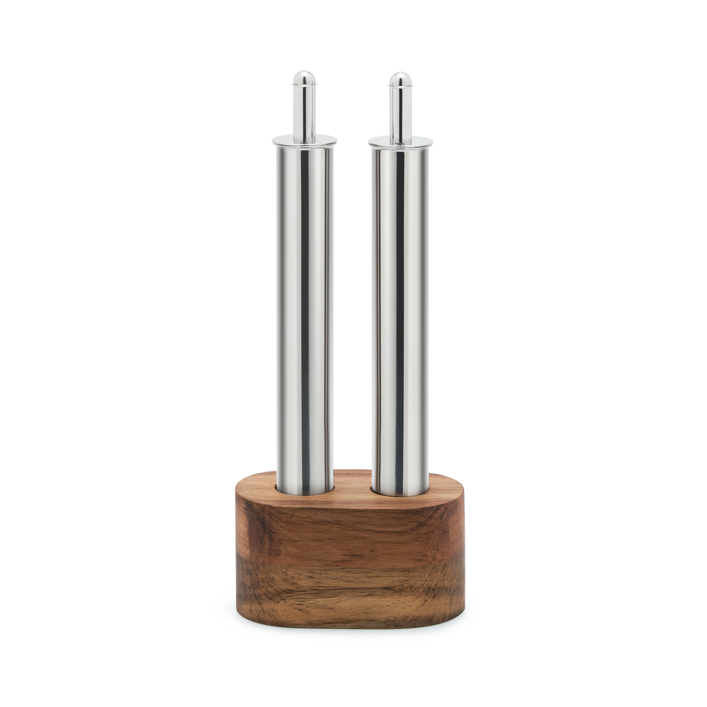 Olipac Stainless Steel Filare Oil and Vinegar Set With Wooden Base