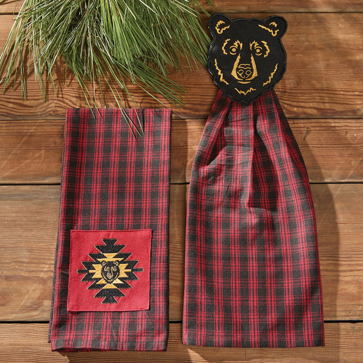 Park Designs Black Bear Red Dawn Bear Patch Dishtowel - Set of 6