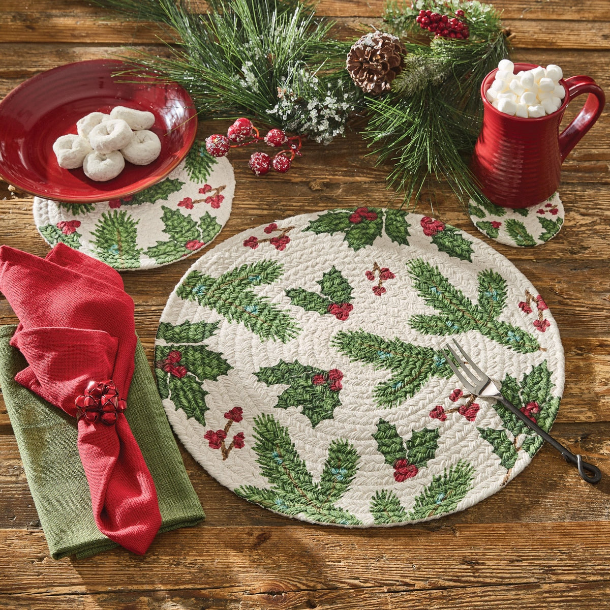 Park Designs Boughs Of Holly Printed Braided Placemat 15" Dia - Set of 12