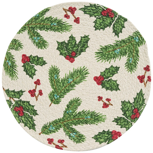 Park Designs Boughs Of Holly Printed Braided Placemat 15" Dia - Set of 12