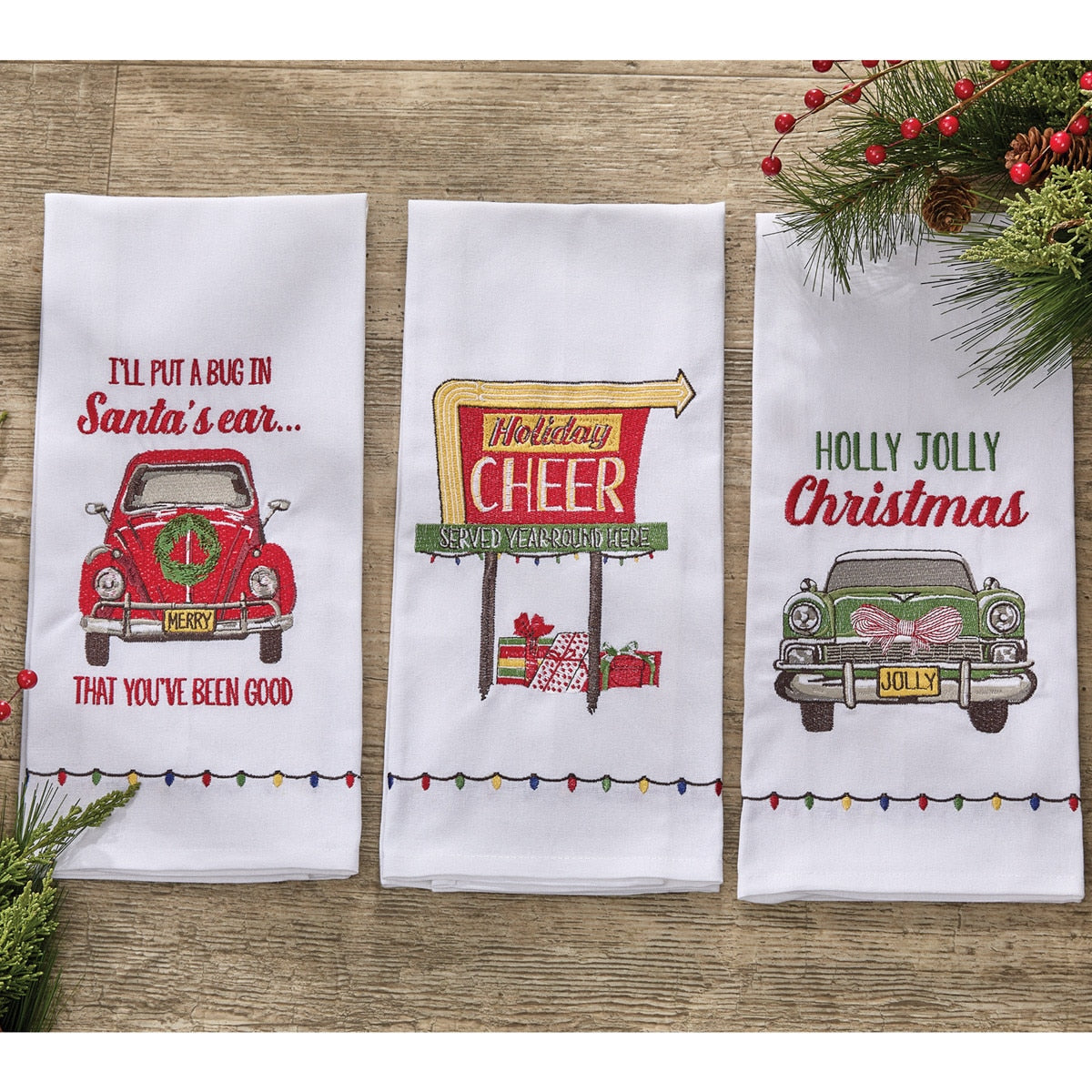 Park Designs Holly Jolly Christmas Car Embroidered Dishtowel - Set of 6