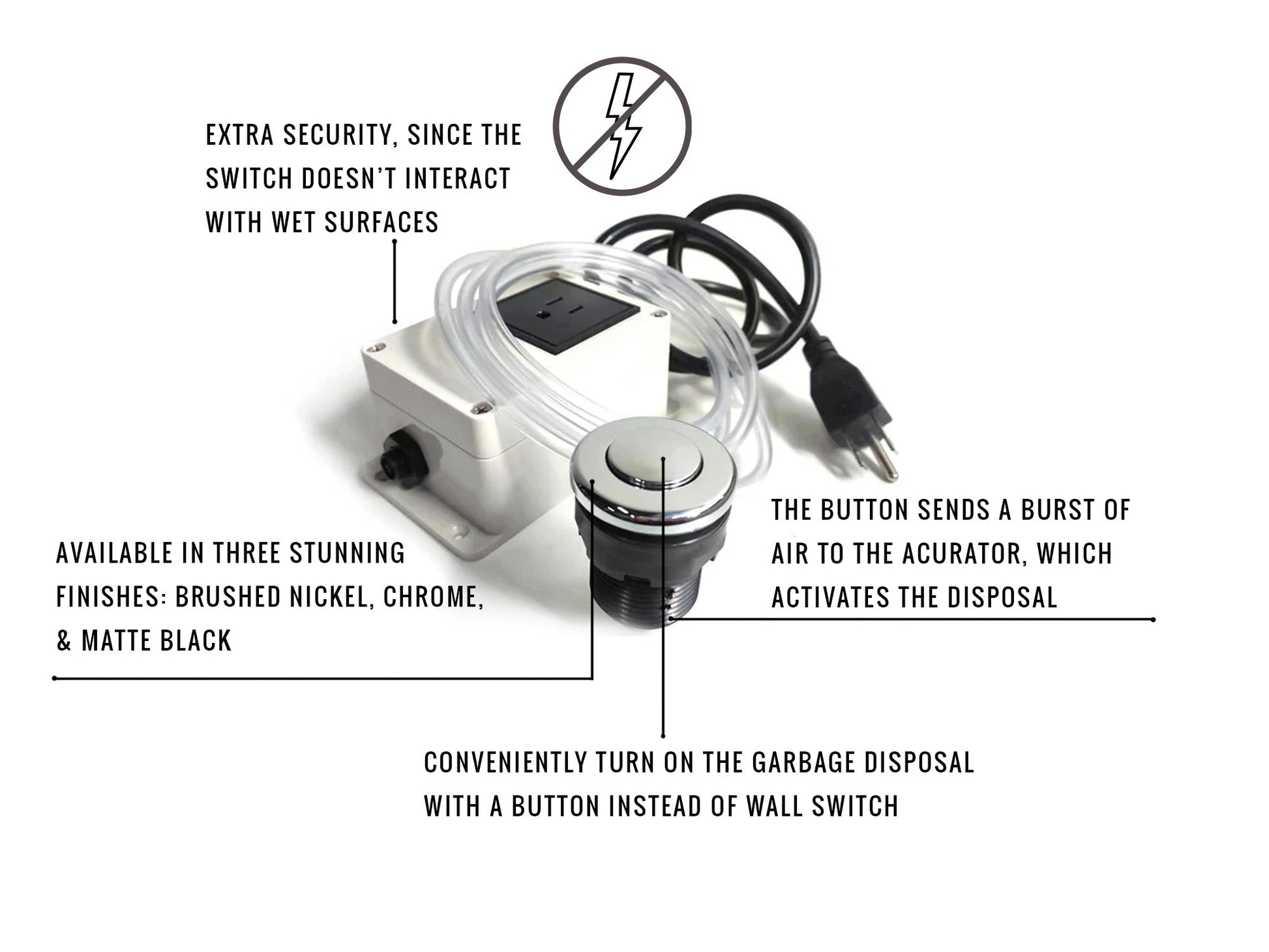 Pelican International Brushed Nickel Air Switch Assembly Garbage Disposal Button With Hose
