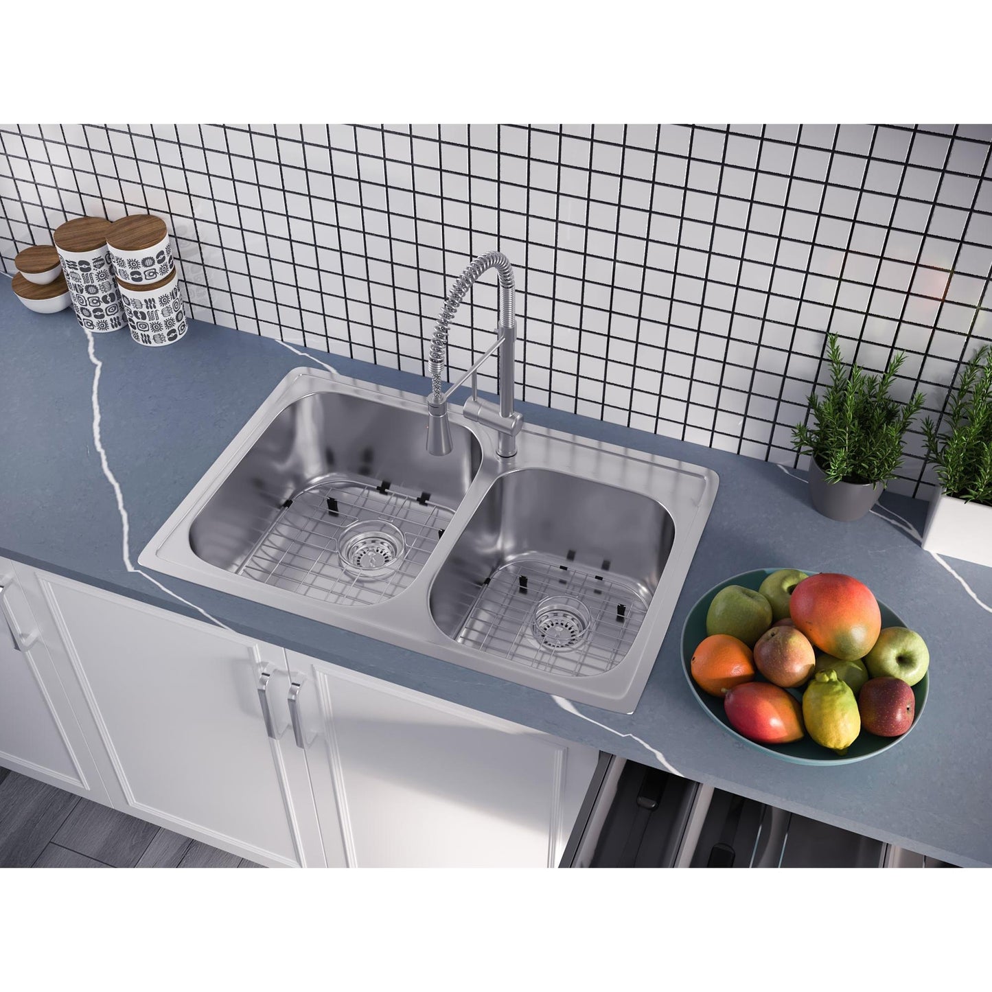 Pelican International Signature Series 33" x 22" Stainless Steel Double Bowl One Faucet Hole, Top Mount Kitchen Sink