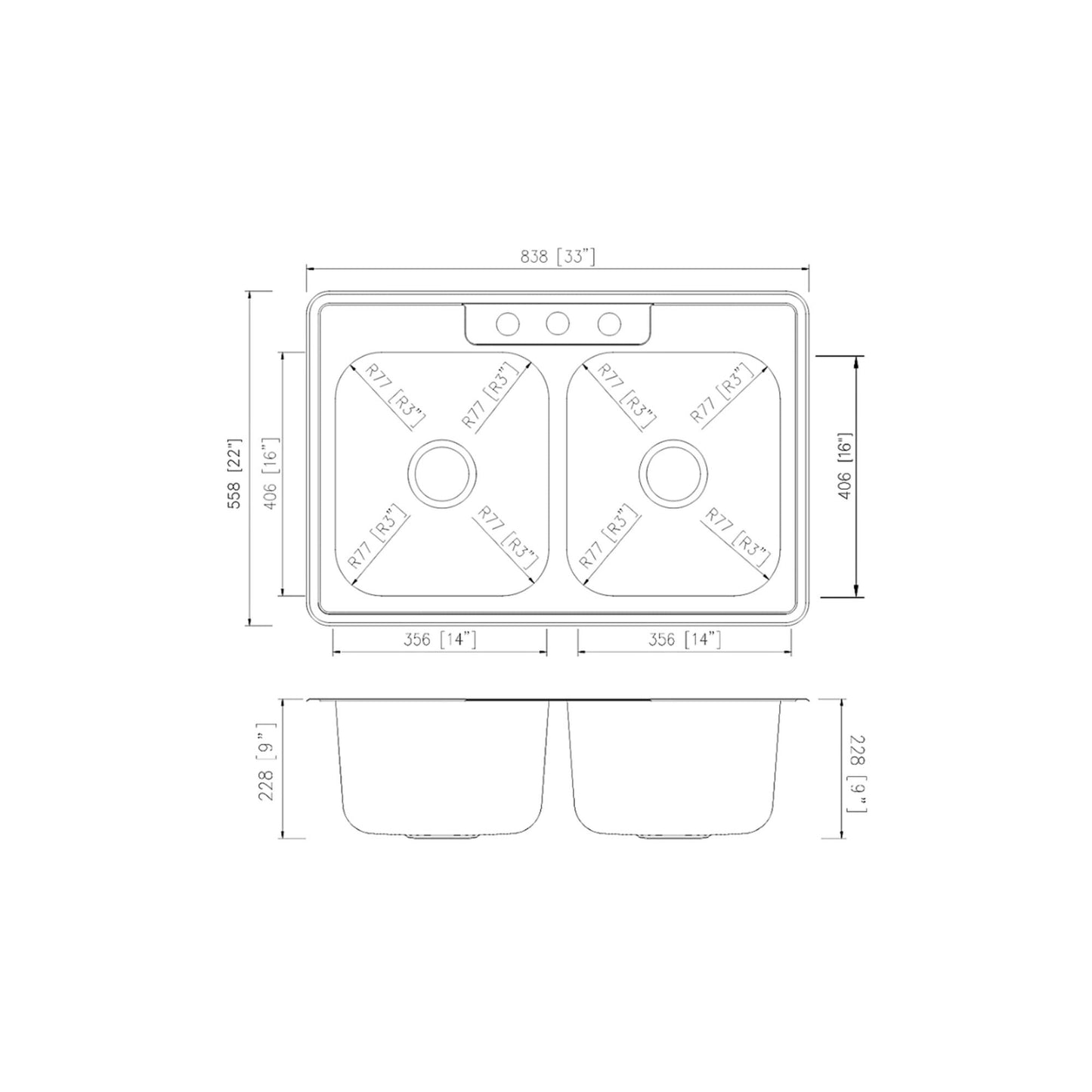 Pelican International Signature Series 33" x 22" Stainless Steel Double Bowl Three Faucet Holes, Top Mount Kitchen Sink
